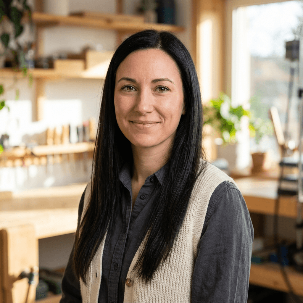 Sarah Mitchell, café owner, smiling in casual work attire