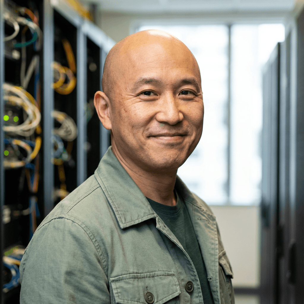 Marcus Chen, tech founder, in a casual blazer