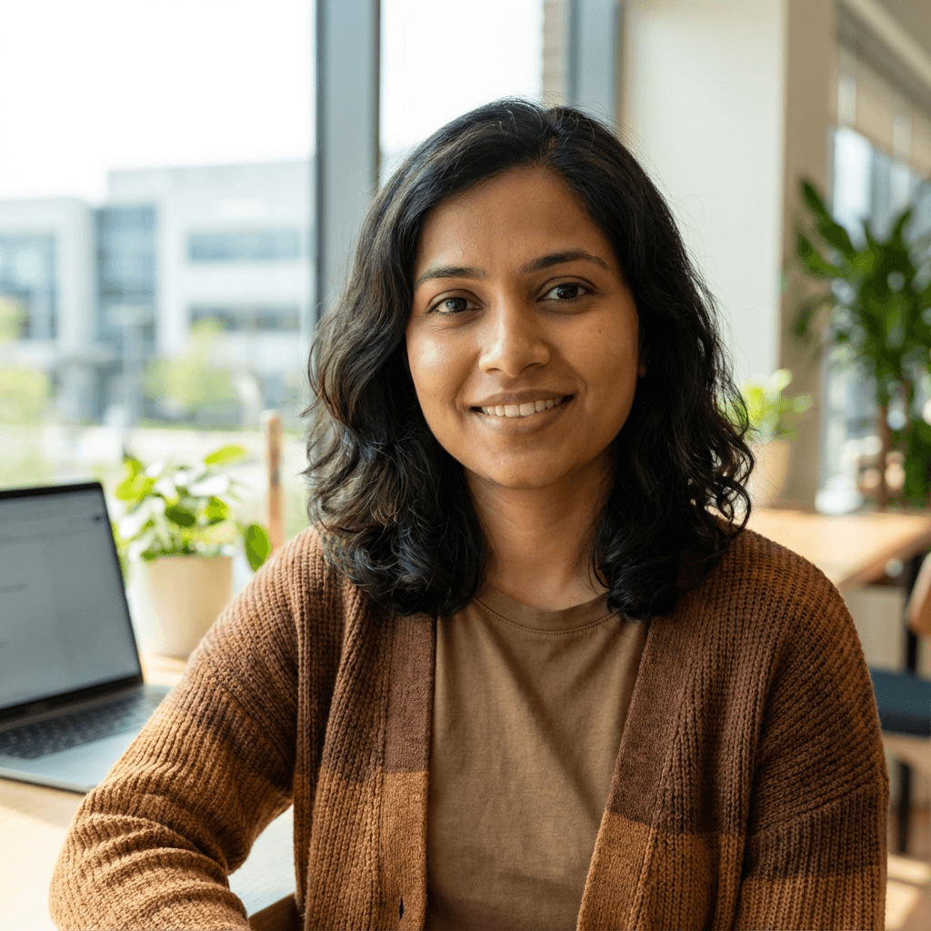 Female accountant in her early 40s with a calm, confident professional style