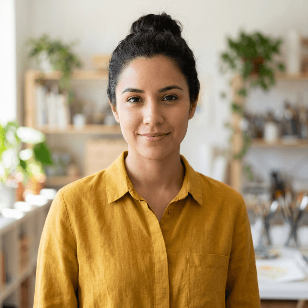 Female Hispanic small business owner in her late 30s with a warm, professional demeanor