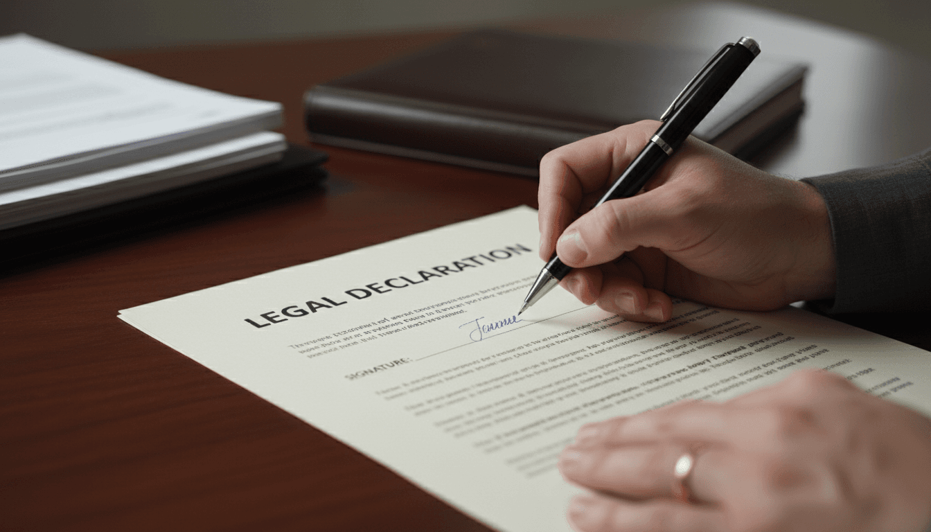 Person signing a legal declaration with a pen on a form