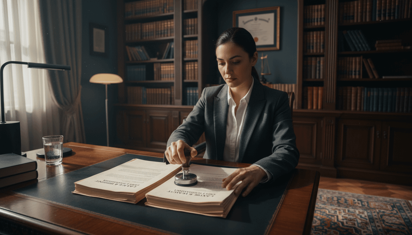 Lawyer stamping a legal document at an office desk