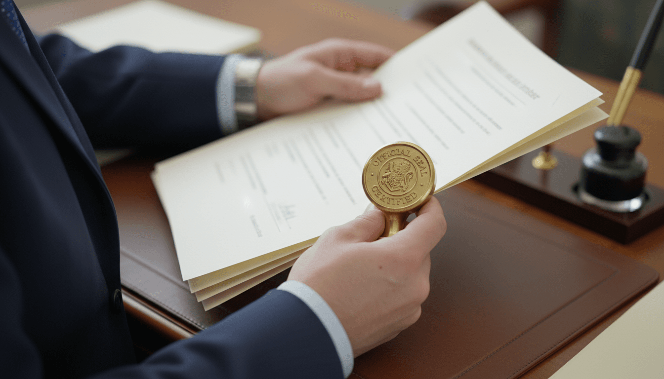 Professional hands holding official documents and a seal