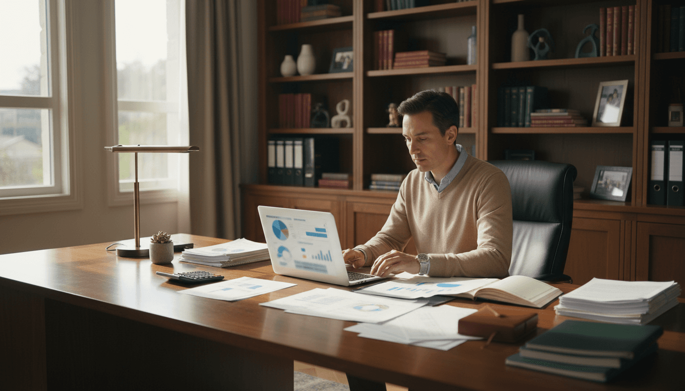 Reviewing financial documents at a home office desk