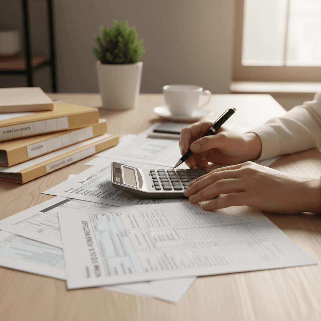 Professional organizing financial documents on a desk